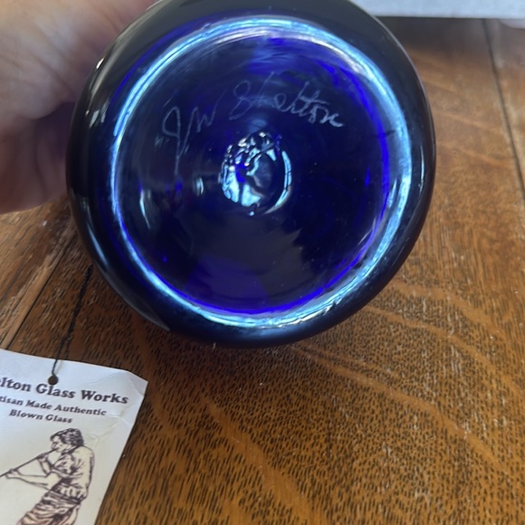 Vintage Art Glass Signed J.W. Shelton Cobalt Blue Hand Crafted Glass Pitcher - Picture 4 of 6